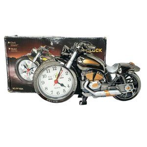 Motorcycle Quartz Alarm Desk Clock Battery Powered Gun Metal Gray in Box